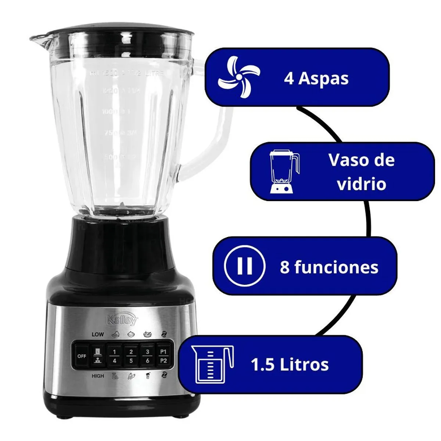 Licuadora Kalley 1.5 Litros Vaso Vidrio - Cocina Saludable